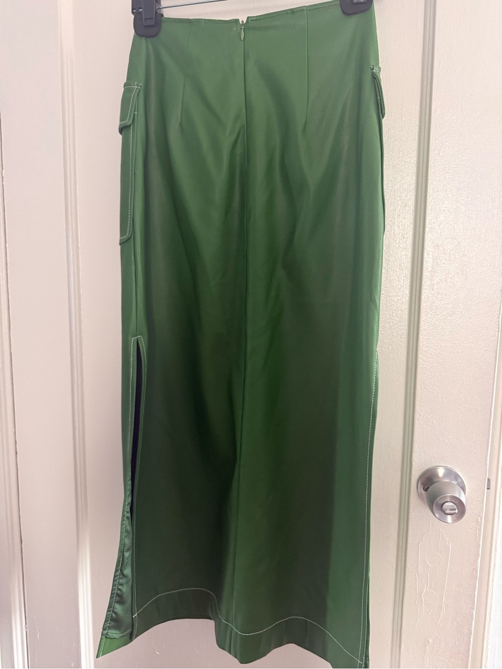 STAUD Bright Green Faux Leather Midi Skirt with Front Flap Pockets - Picture 9 of 11